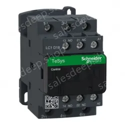LC1D18P7 IEC contactor, TeSys Deca, nonreversing, 18A, 10HP at 480VAC, up to 100kA SCCR, 3 phase, 3 NO, 230VAC 50/60Hz coil, open
