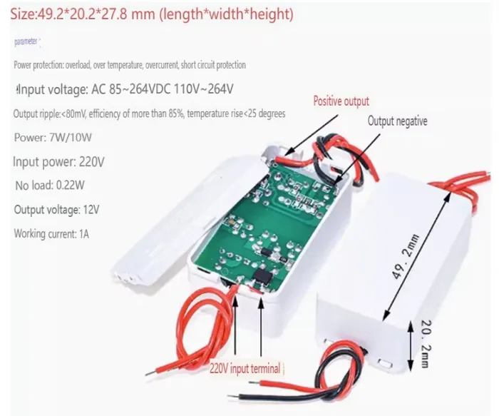 AC-DC buck module: 220V to 12V 1A isolating switching power supply module With wire bonding housing